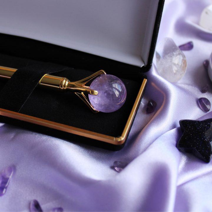 Crystal pen for soothing anxiety with a Amethyst crystal ball on top 