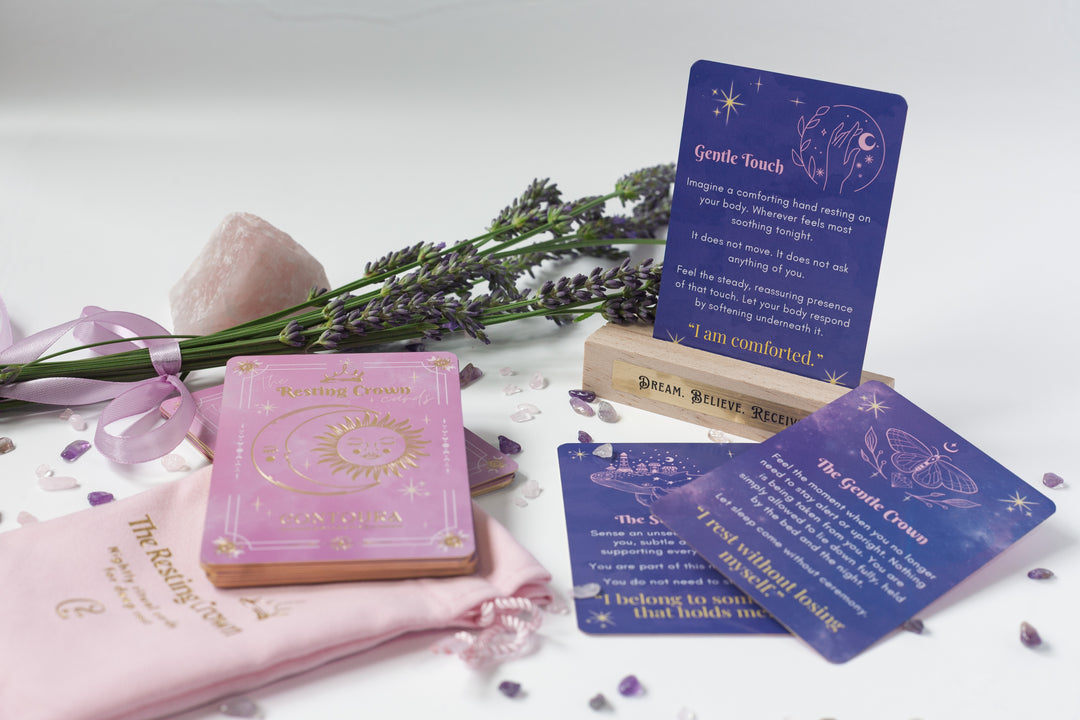 Resting Crown Sleep Deck Cards with Wooden Stand | Mindful Bedtime Ritual Cards for Calm & Better Sleep