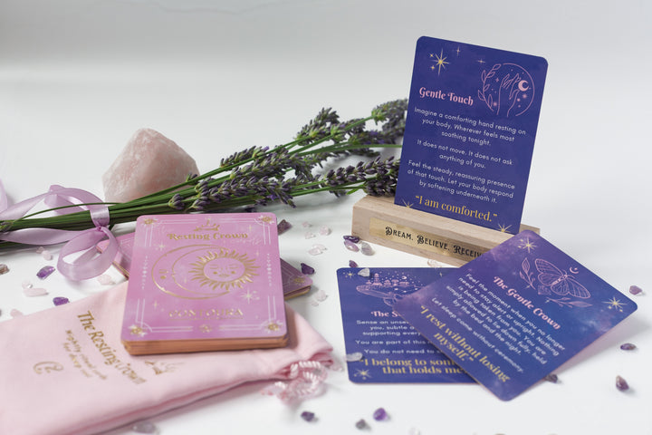 Resting Crown Sleep Deck Cards with Wooden Stand | Mindful Bedtime Ritual Cards for Calm & Better Sleep