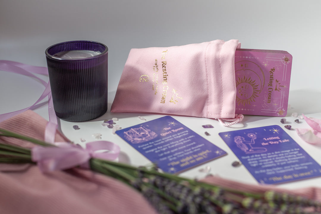 Resting Crown Sleep Deck Cards with Wooden Stand | Mindful Bedtime Ritual Cards for Calm & Better Sleep