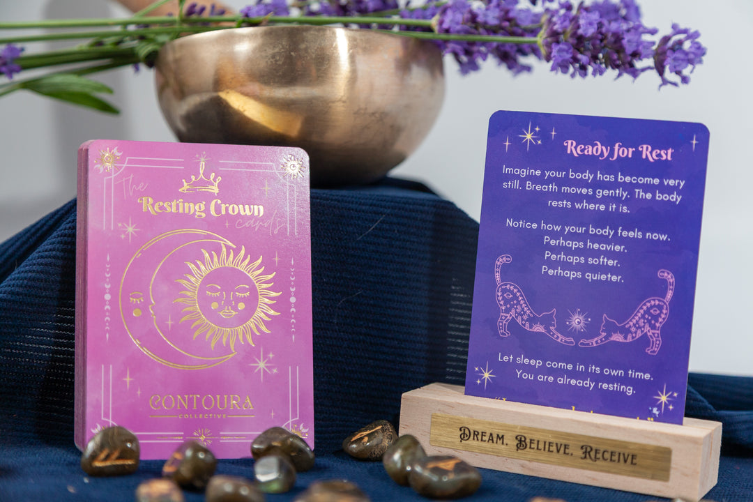 Resting Crown Sleep Deck Cards with Wooden Stand | Mindful Bedtime Ritual Cards for Calm & Better Sleep