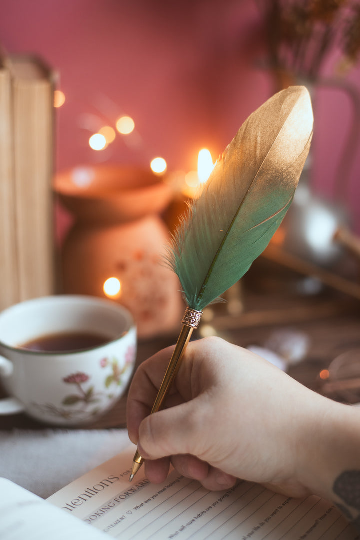 Feather Pen - Green and Gold